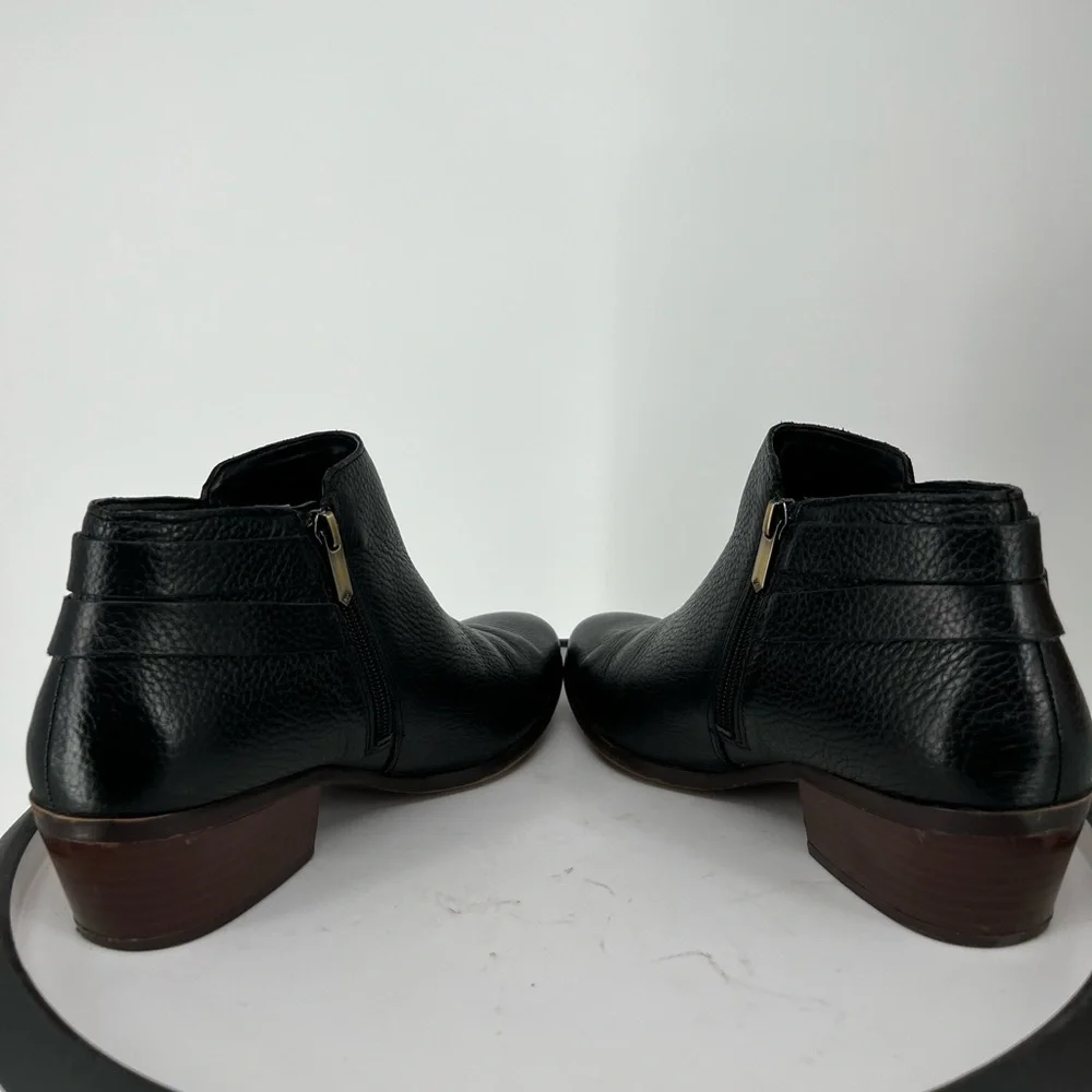 SAM EDELMAN BLACK LEATHER BUCKLE BOOTIES,‎ ALMOND TOE WOODEN HEEL, INSIDE ZIPPER